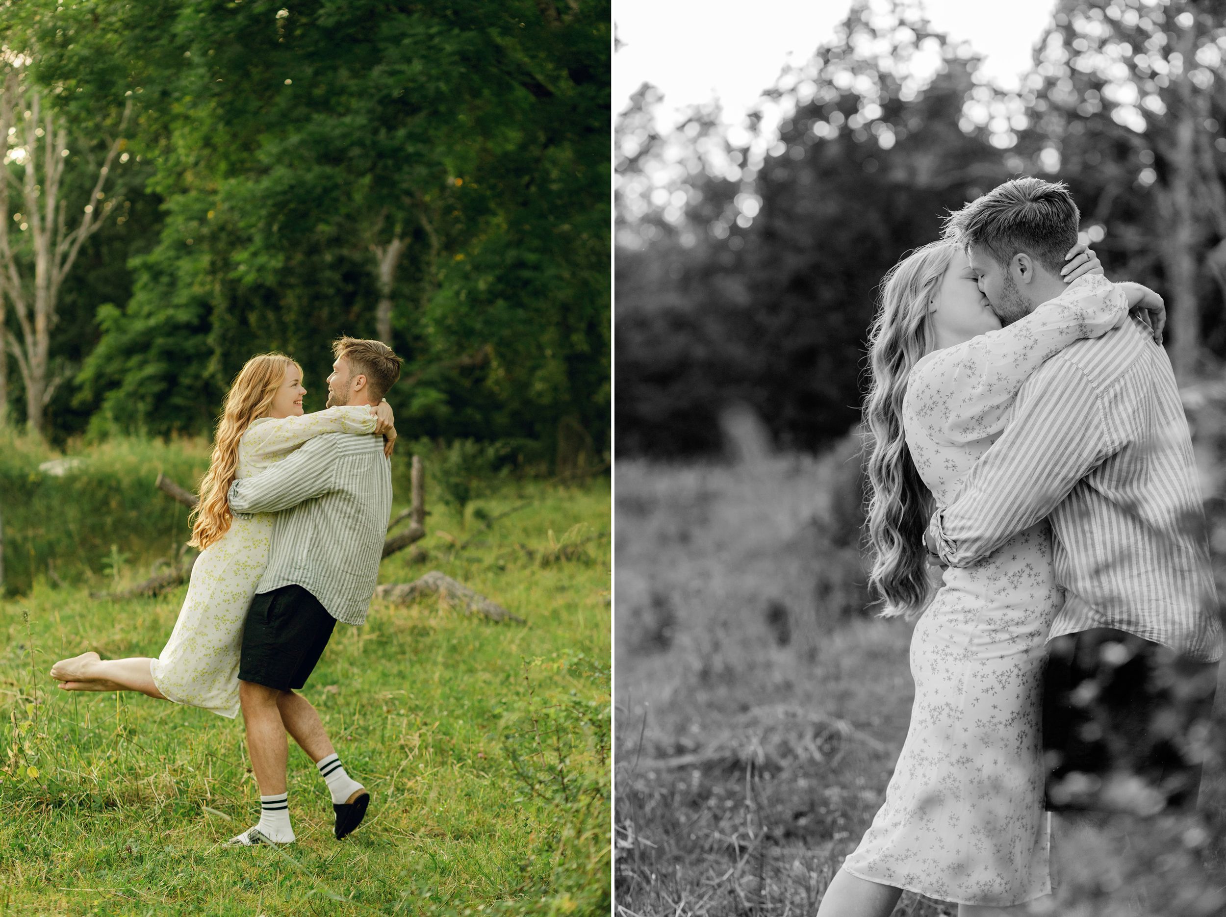 Parfotografering med Martina och Sebastian i Borgvik utanför Karlstad. Han snurrar runt henne för att sedan dra in och kysser henne.