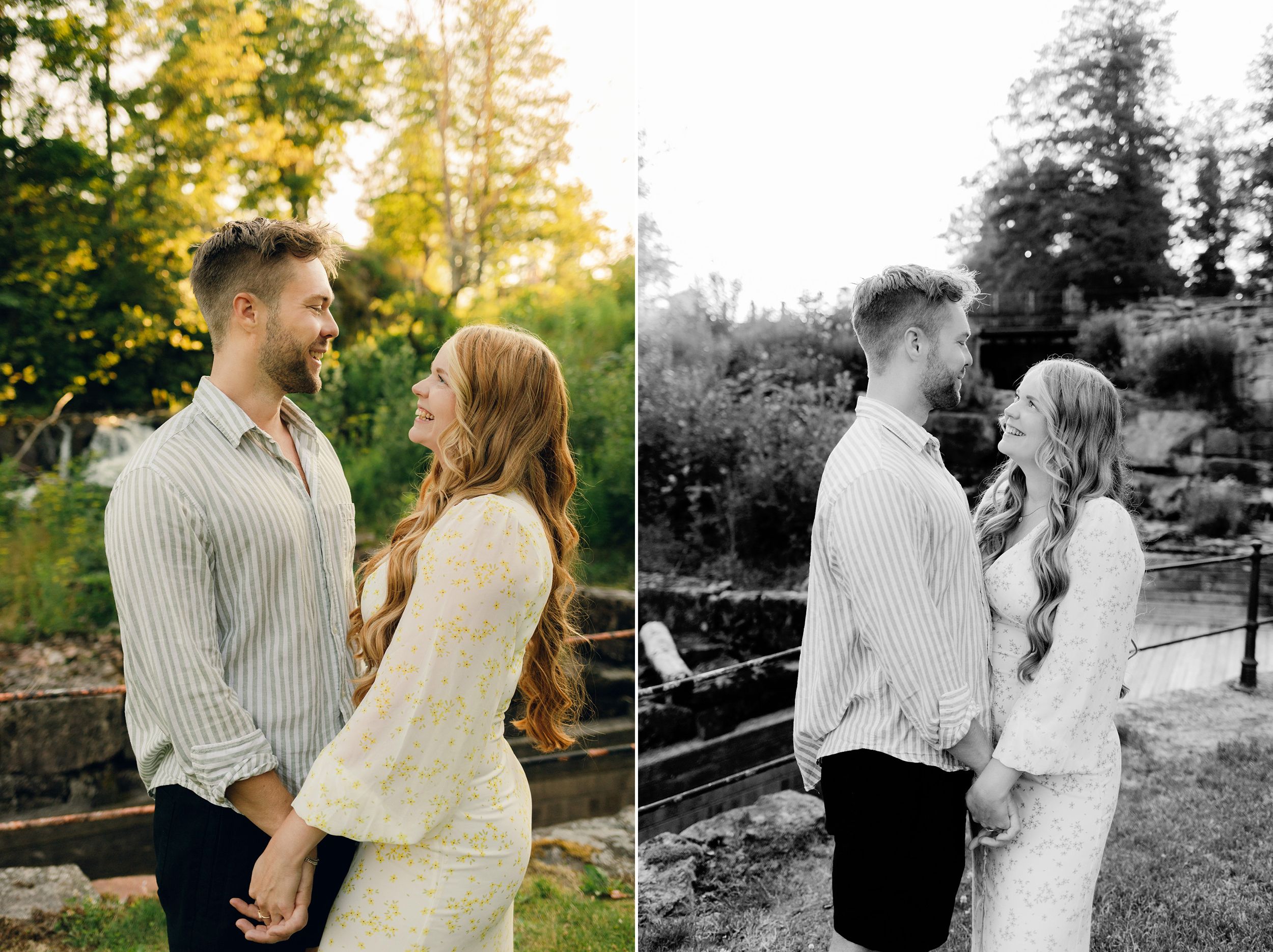 Parfotografering med Martina och Sebastian i Borgvik utanför Karlstad. Fotograf Rebecca Nordin. Stående mot varandra. Två bilder bredvid.
