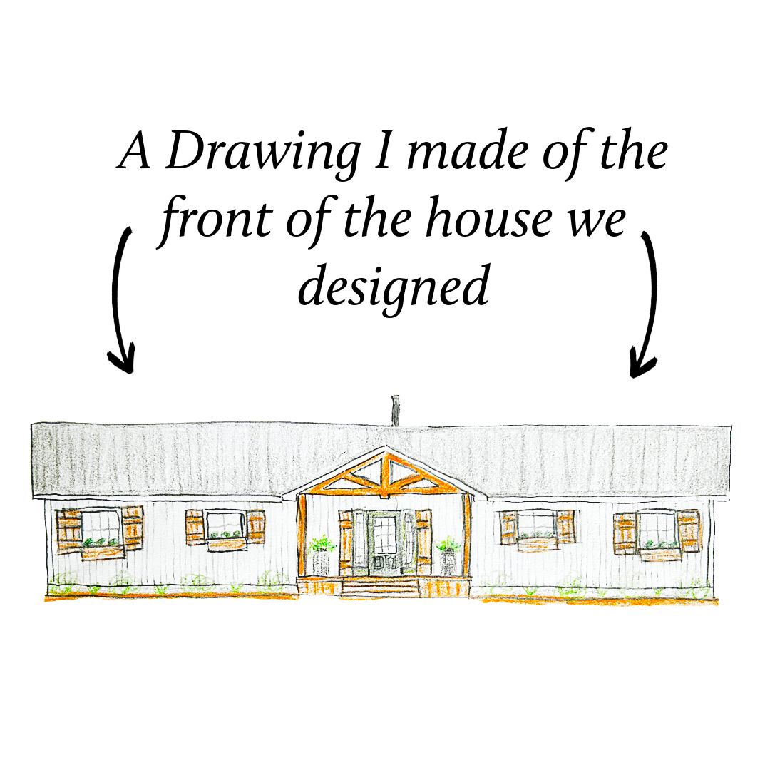 Hand-drawn architectural sketch showing front elevation of a house design with multiple windows and a triangular roof detail.