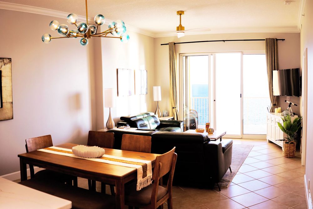 Panoramic collage of a modern apartment interior showing living room, dining area and hallway with natural lighting.