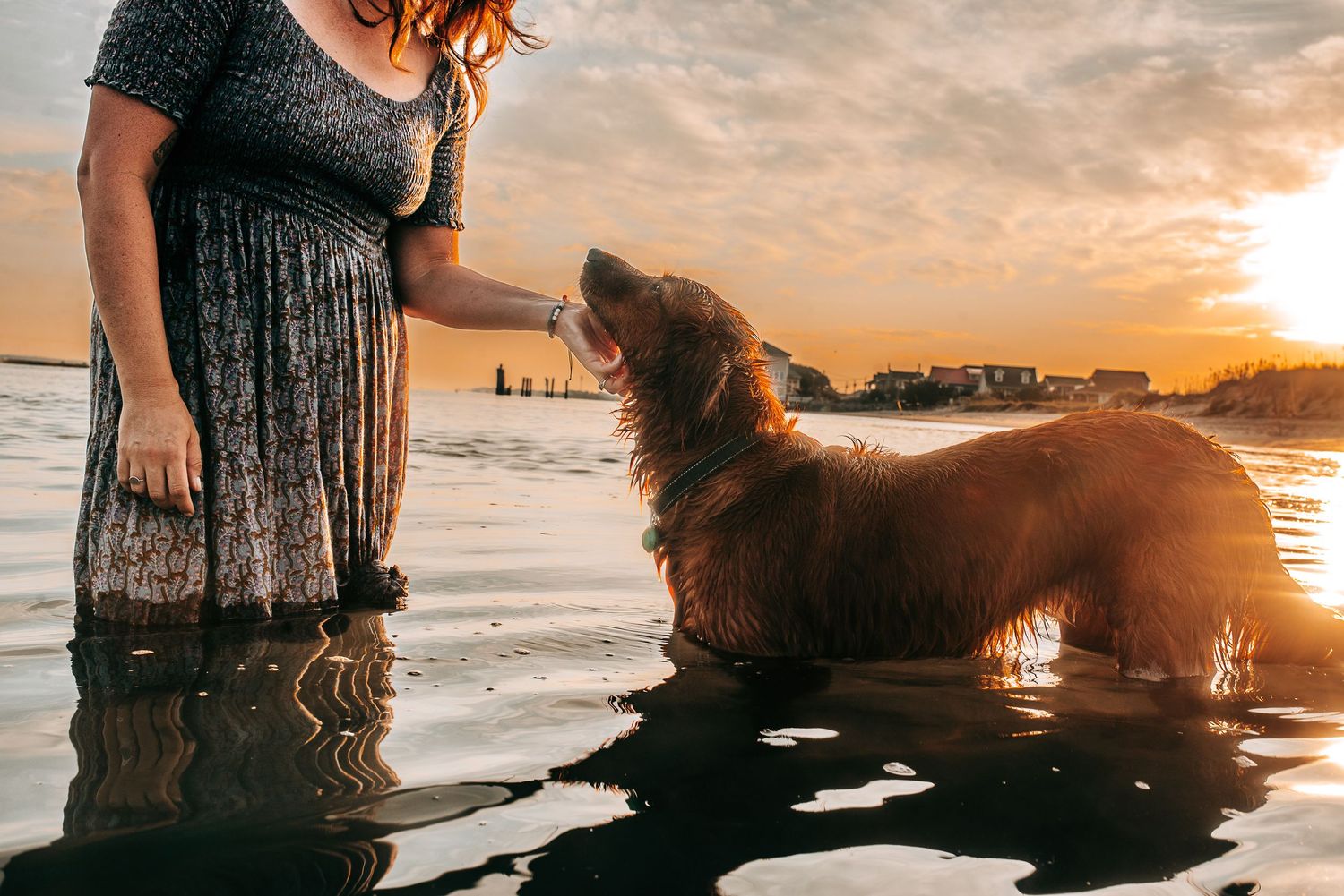 A silhouetted figure with flowing hair sits on a beach at sunset with golden light reflecting on the ocean waves.