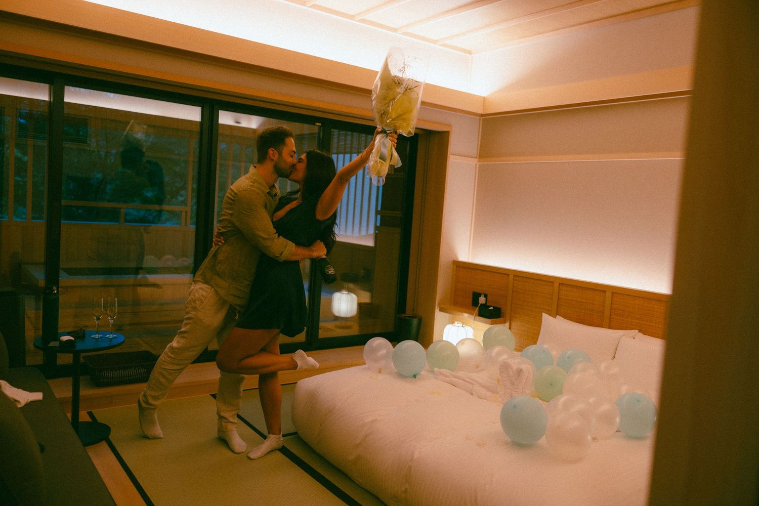 Post engagement photos of couple celebrating at a Ryokan at Hakone