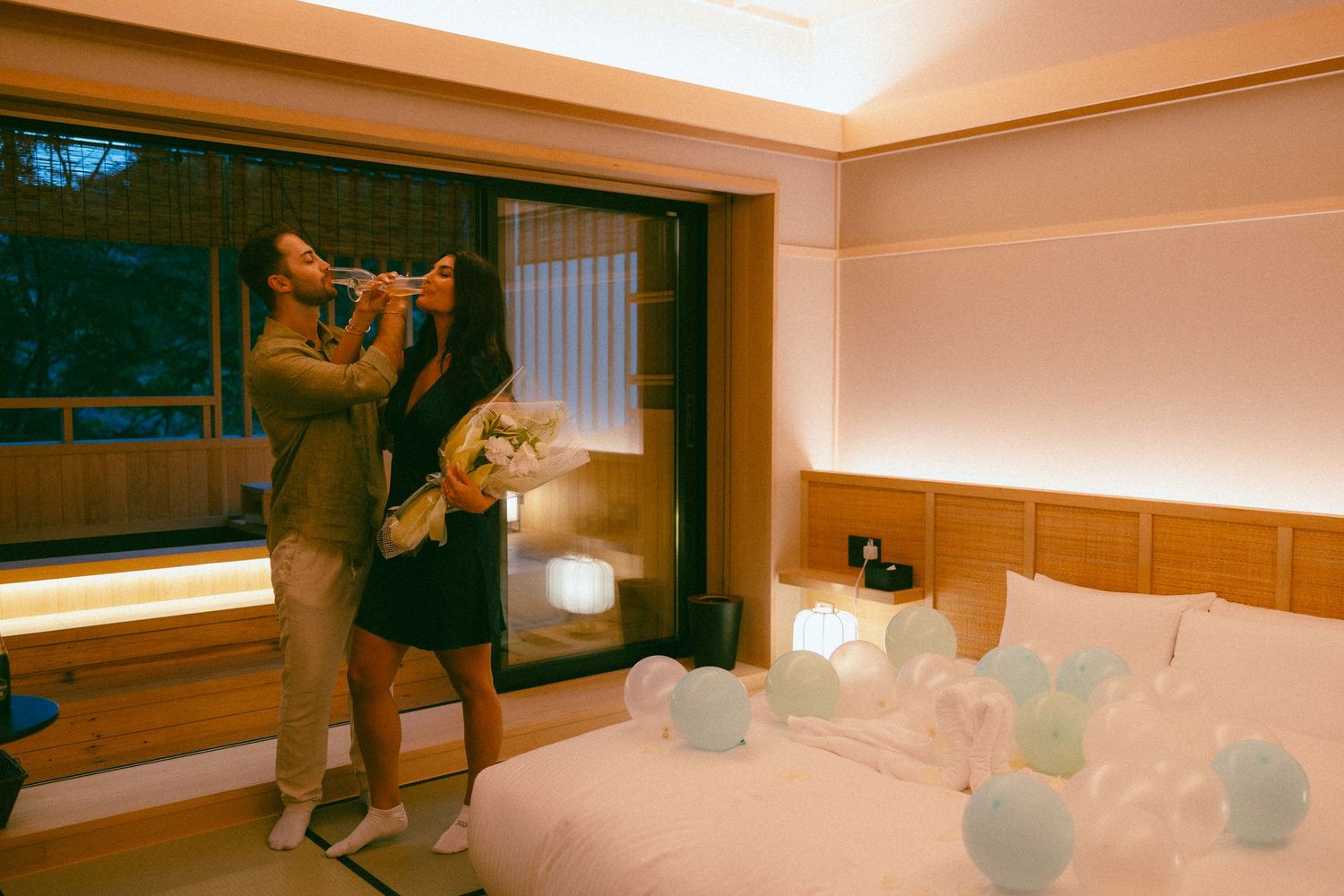 Post engagement photos of couple celebrating at a Ryokan at Hakone