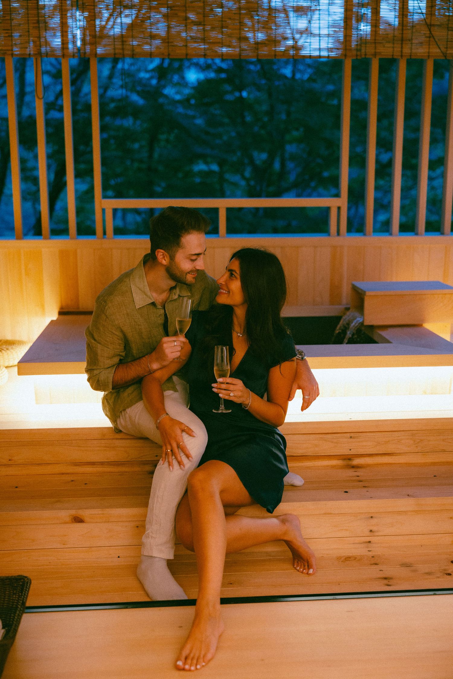 Post engagement photos of couple celebrating at a Ryokan at Hakone