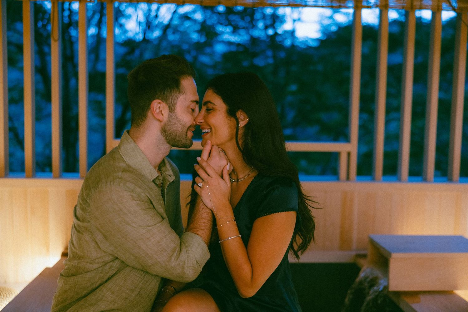 Post engagement photos of couple celebrating at a Ryokan at Hakone