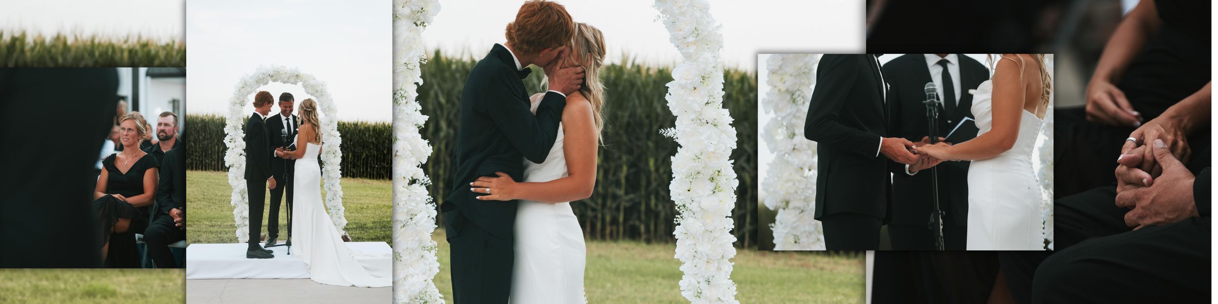 A couple shares a romantic dance together during their wedding celebration at an outdoor venue.