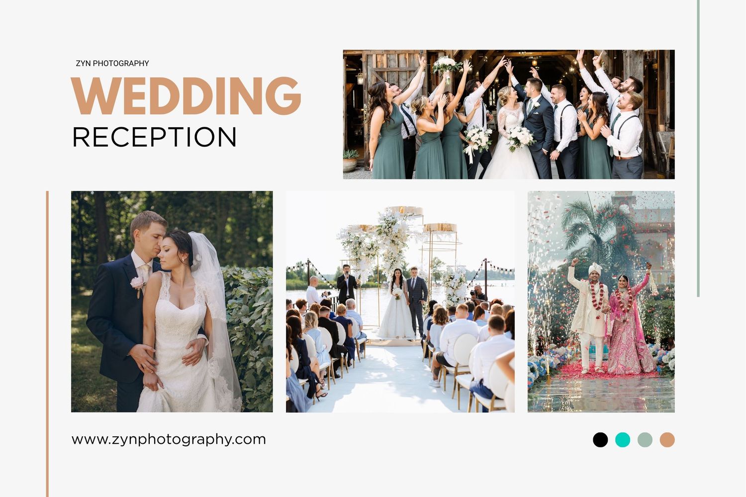 Wedding photography website banner showing reception and ceremony portfolio images.