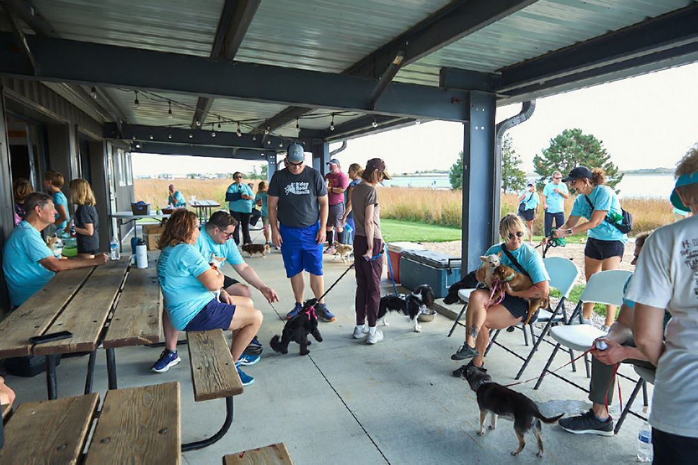 Wide view of covered outdoor area with people gathered for an event.