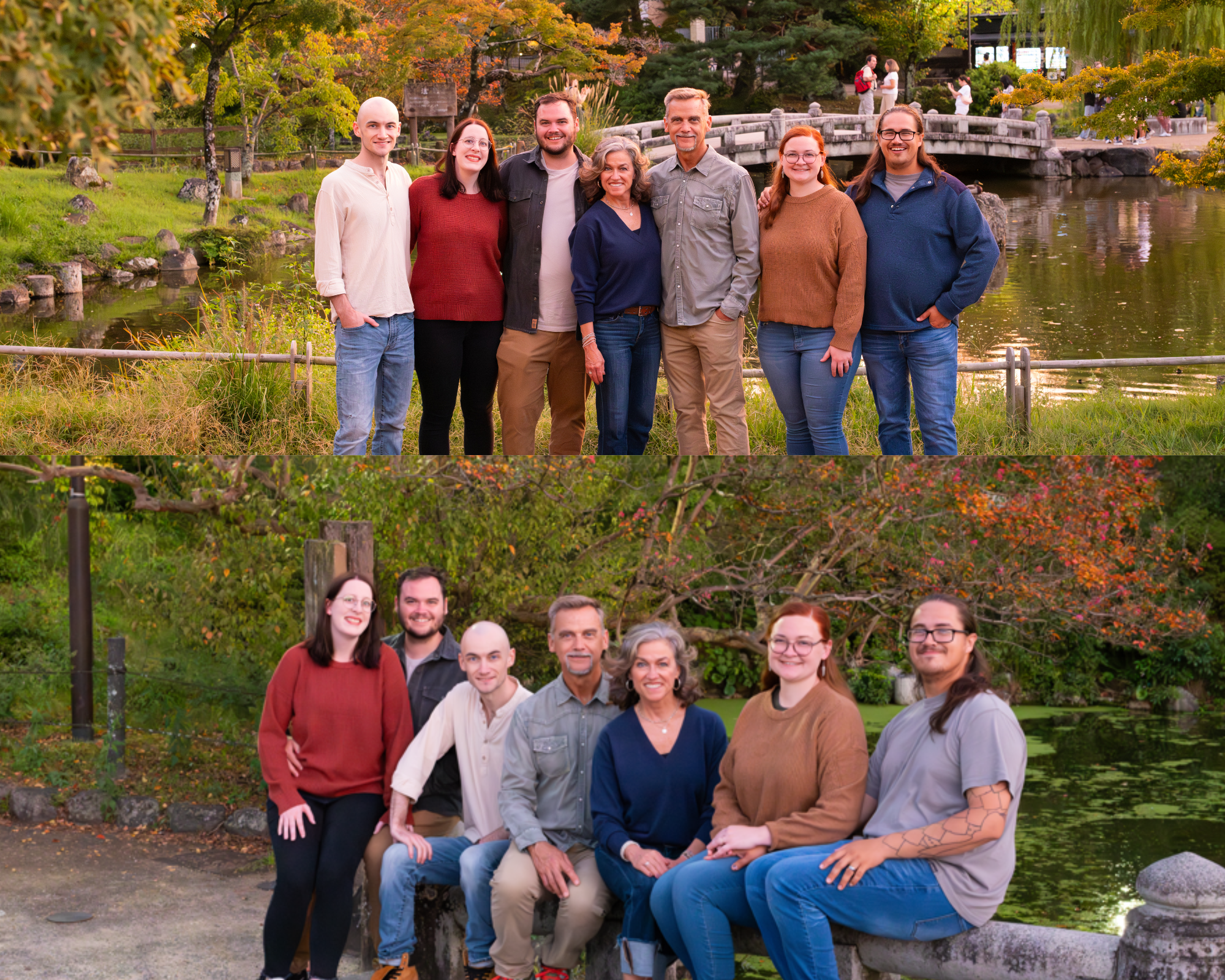Family group portrait taken outdoors near a scenic pond with autumn foliage in the background.