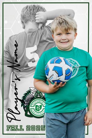 Young soccer fan in green t-shirt holding blue and white soccer ball against white background.