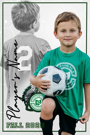 Young soccer player wearing green team jersey holds white soccer ball while standing against white background.