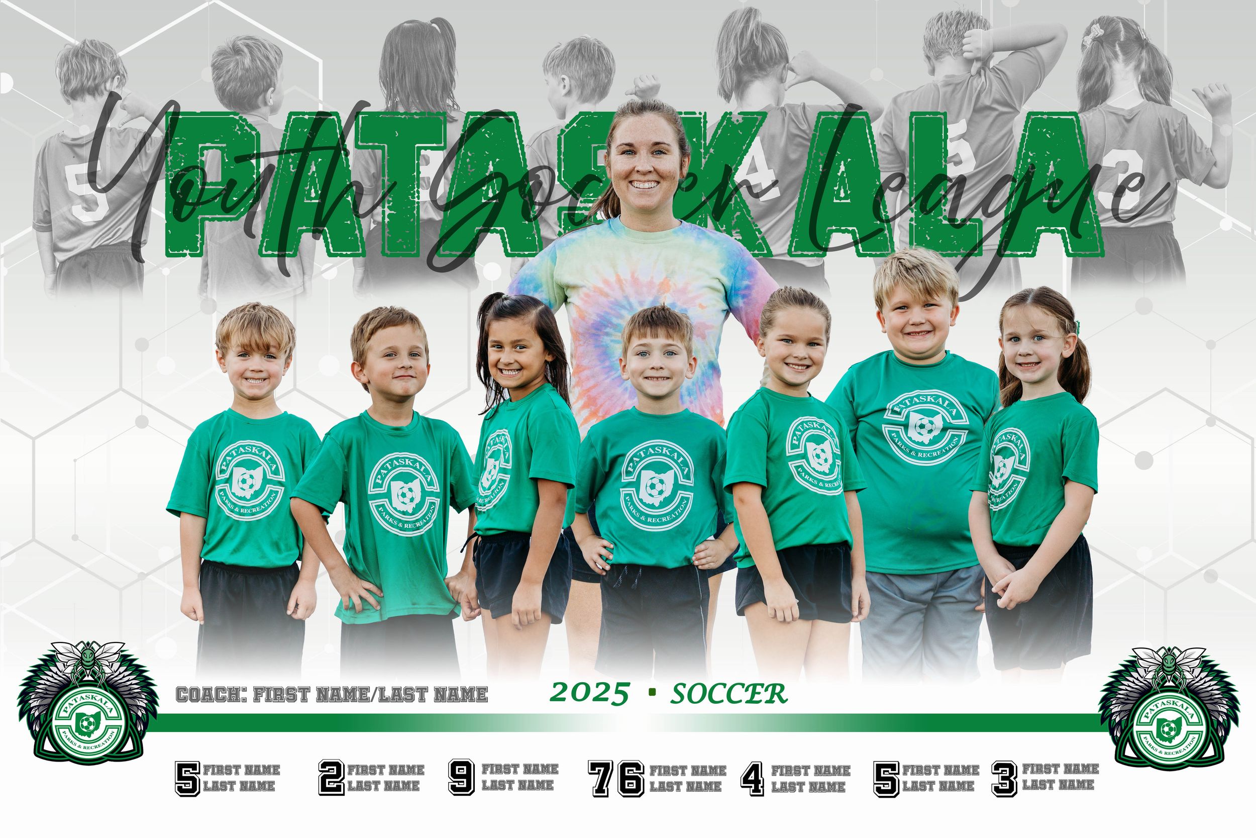 A group of soccer players wearing matching green jerseys lined up for a team photo on the field.