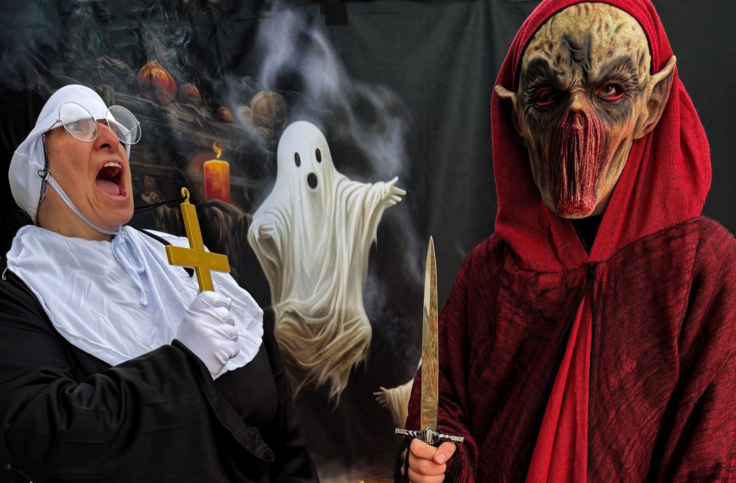 A Halloween themed photo collage featuring ghost decorations, red dresses, candles and spooky atmospheric lighting.