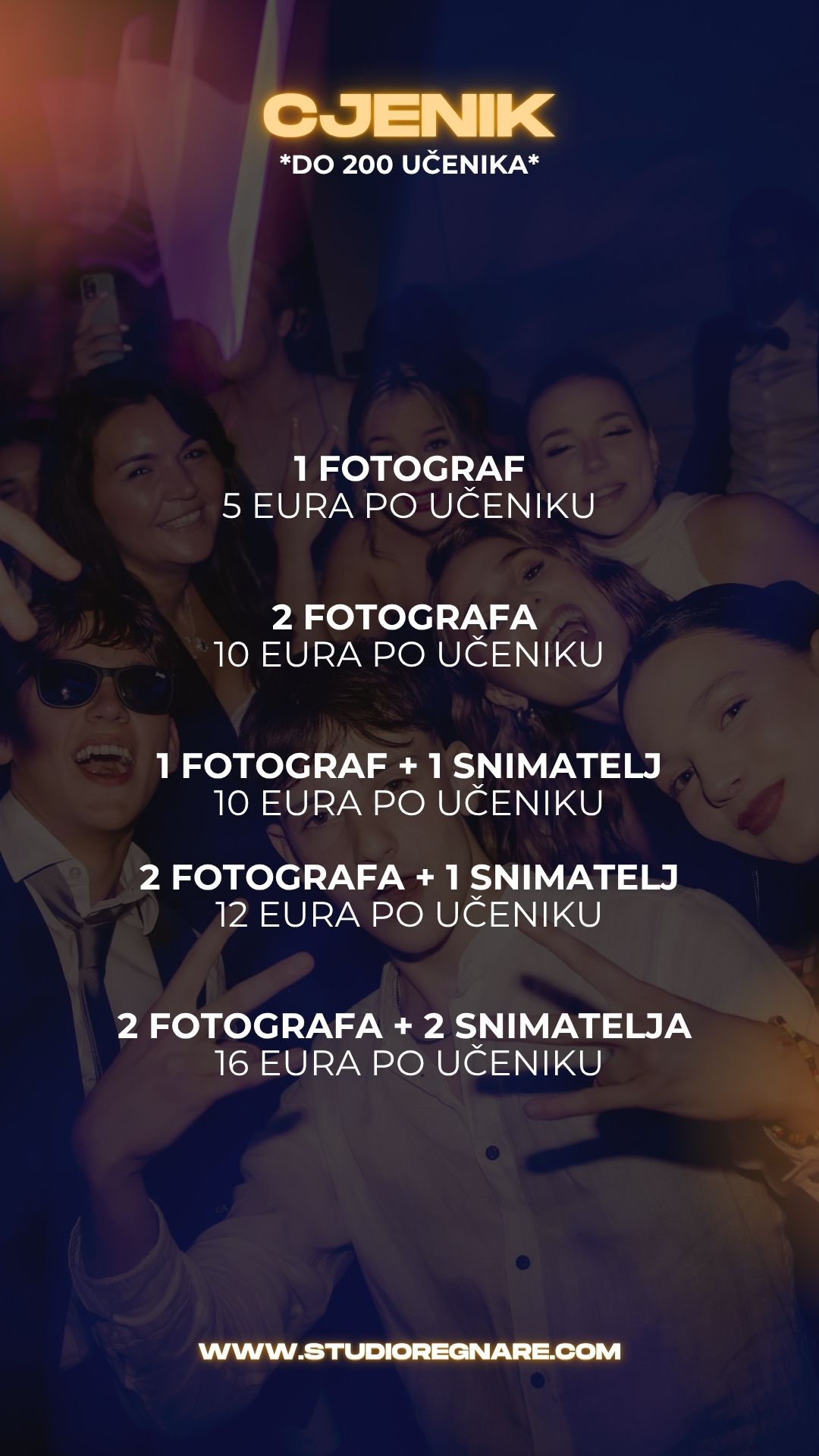 Nightclub event poster with text overlays showing 'Maturalna Vecer' against a dark background with crowd photos.