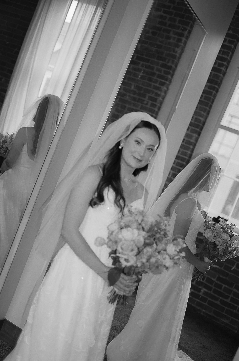 Black and white wedding portraits showing a person in a white dress holding a bouquet near a window.
