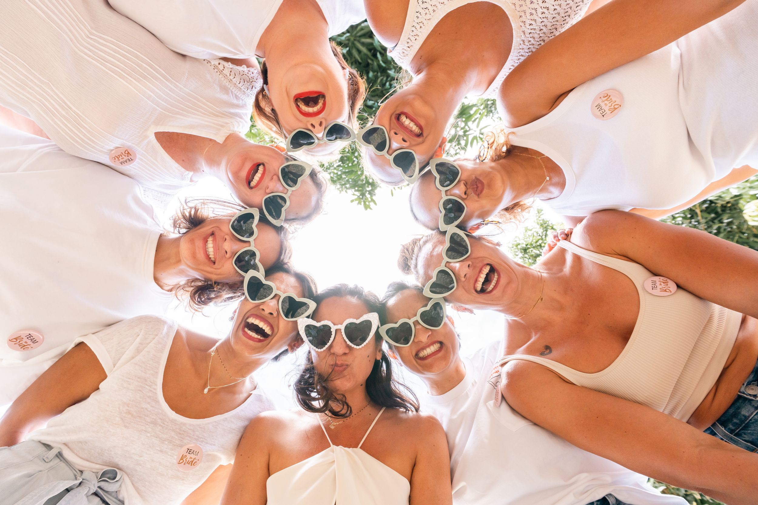 A group of friends takes fun selfies together in a sunny room with white walls and green plants.