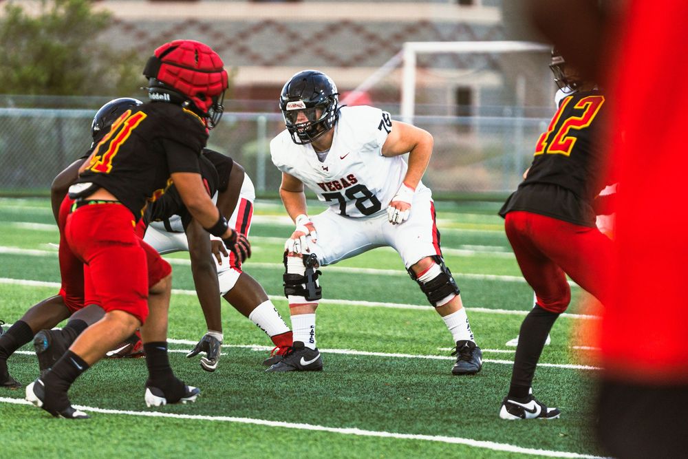 Football lineman on the line, pre-snap