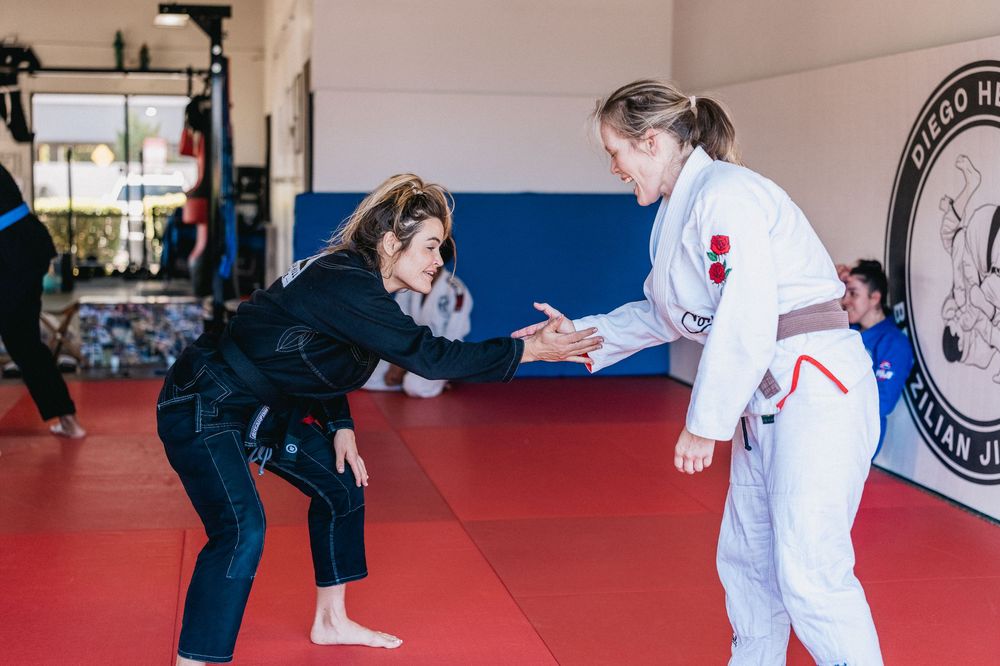 Two martial artists practicing self-defense techniques on red training mats in a dojo setting.