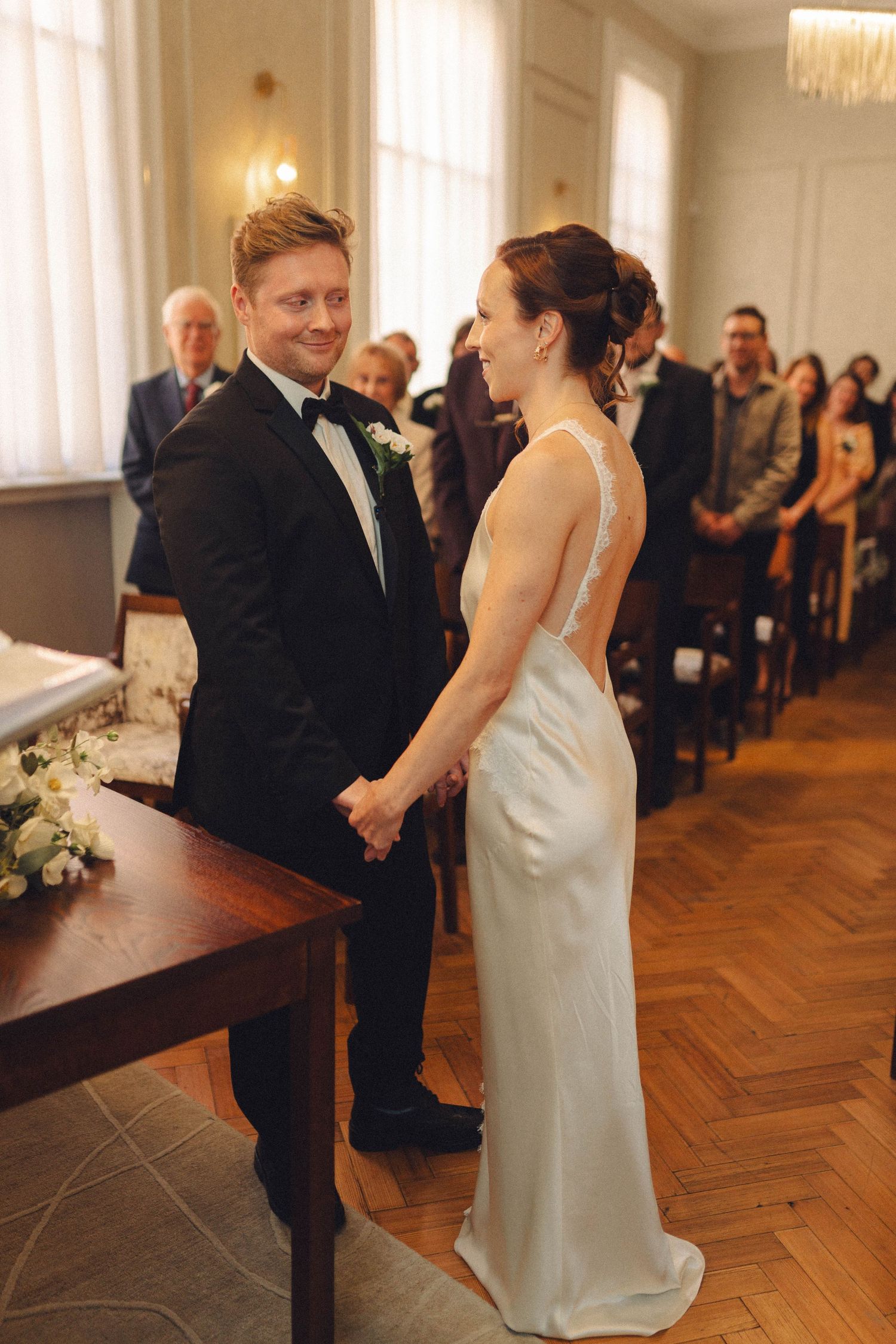 Wedding ceremony in Chelsea Town Hall, vintage wedding dress, wedding vows