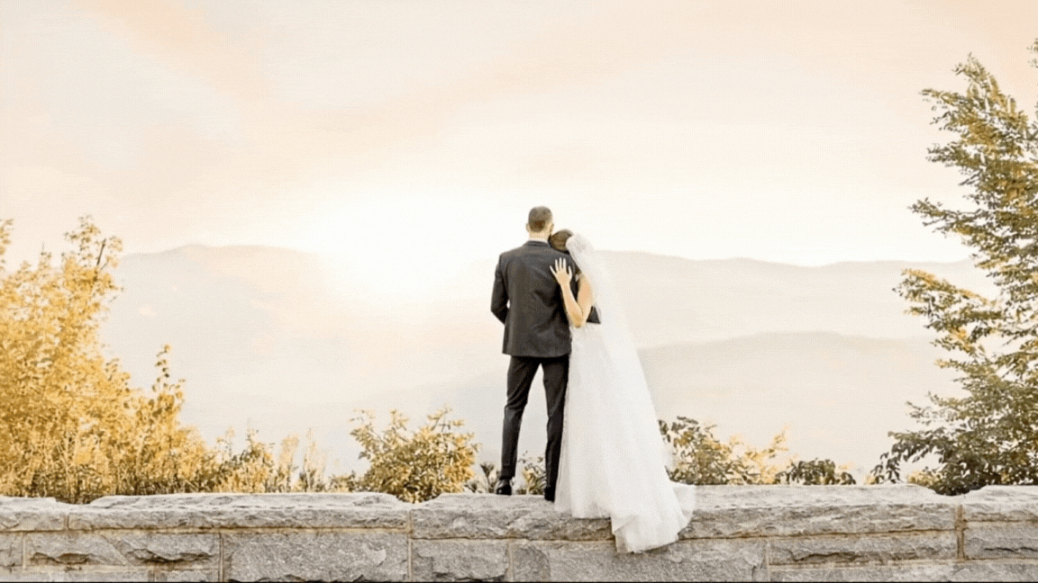 Smoky mountain bride and groom embracing sunset photography