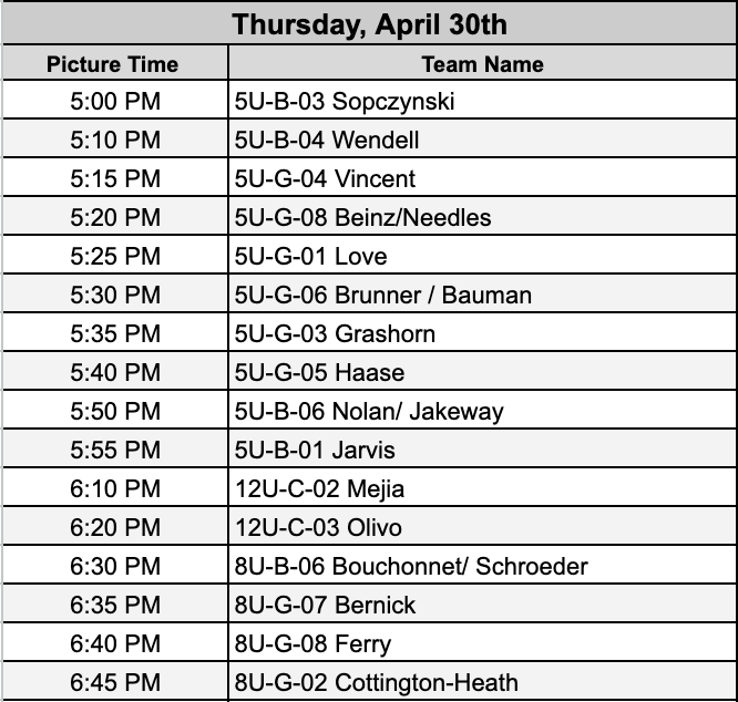 Team photo schedule listing for Wednesday October 1st 2025.