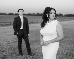 A romantic black and white wedding photo sequence showing a couple embracing in an open field.