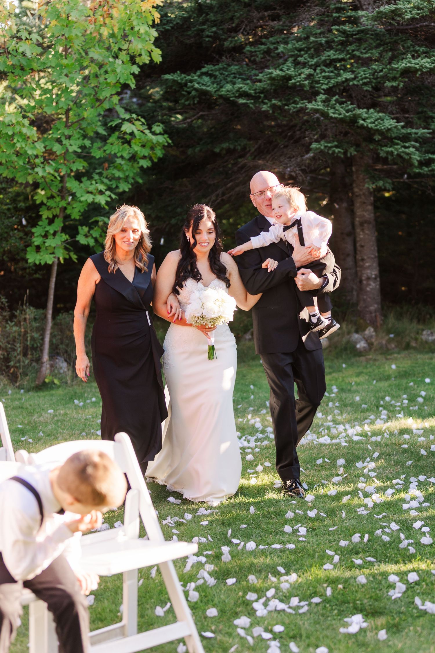 A playful sequence shows a dog interrupting a formal outdoor photo session by running through scattered flower petals.