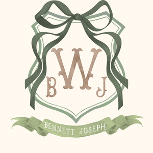 A collection of vintage-style monogram logo designs with green ribbons and bows featuring ornate lettering and decorative elements.