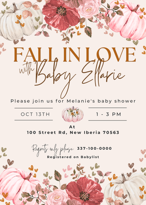 Floral baby shower invitation with pink and burgundy flowers featuring event details on a cream background.