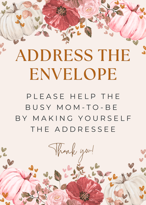 Floral baby shower envelope address card with pink and burgundy flowers and delicate botanical design.
