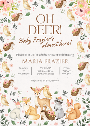 Woodland themed baby shower invitation featuring deer, raccoons and floral elements in soft pink and brown tones.
