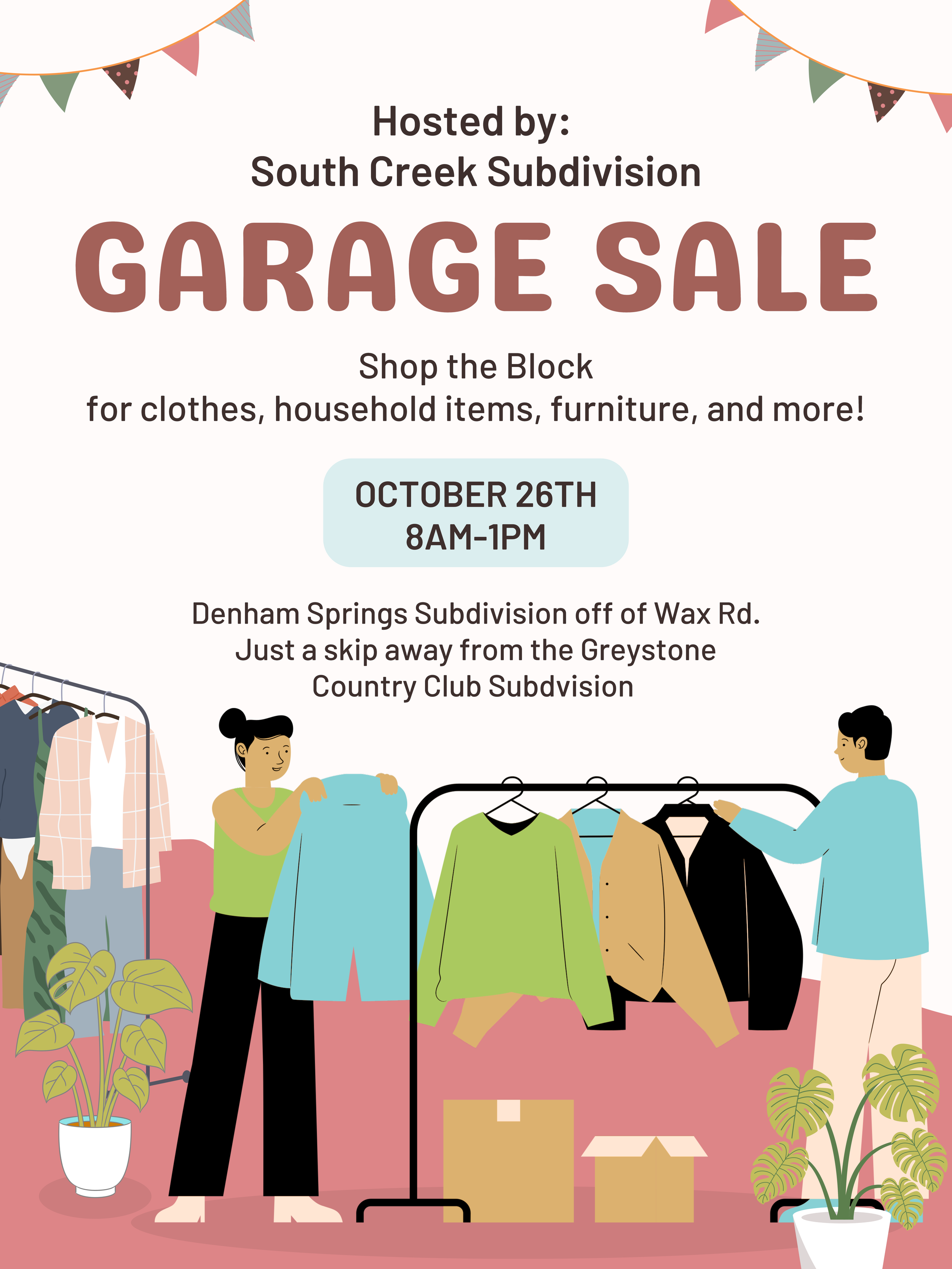 Colorful garage sale flyer for South Creek Subdivision featuring illustrated clothing racks and decorative bunting banners.