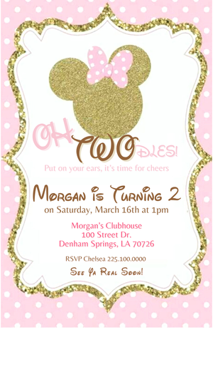 Pink and gold glitter Minnie Mouse themed birthday party invitation design with decorative frame and event details.