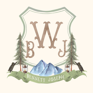 A decorative banner design with pine trees, mountains, and shield emblem in muted green and brown tones.