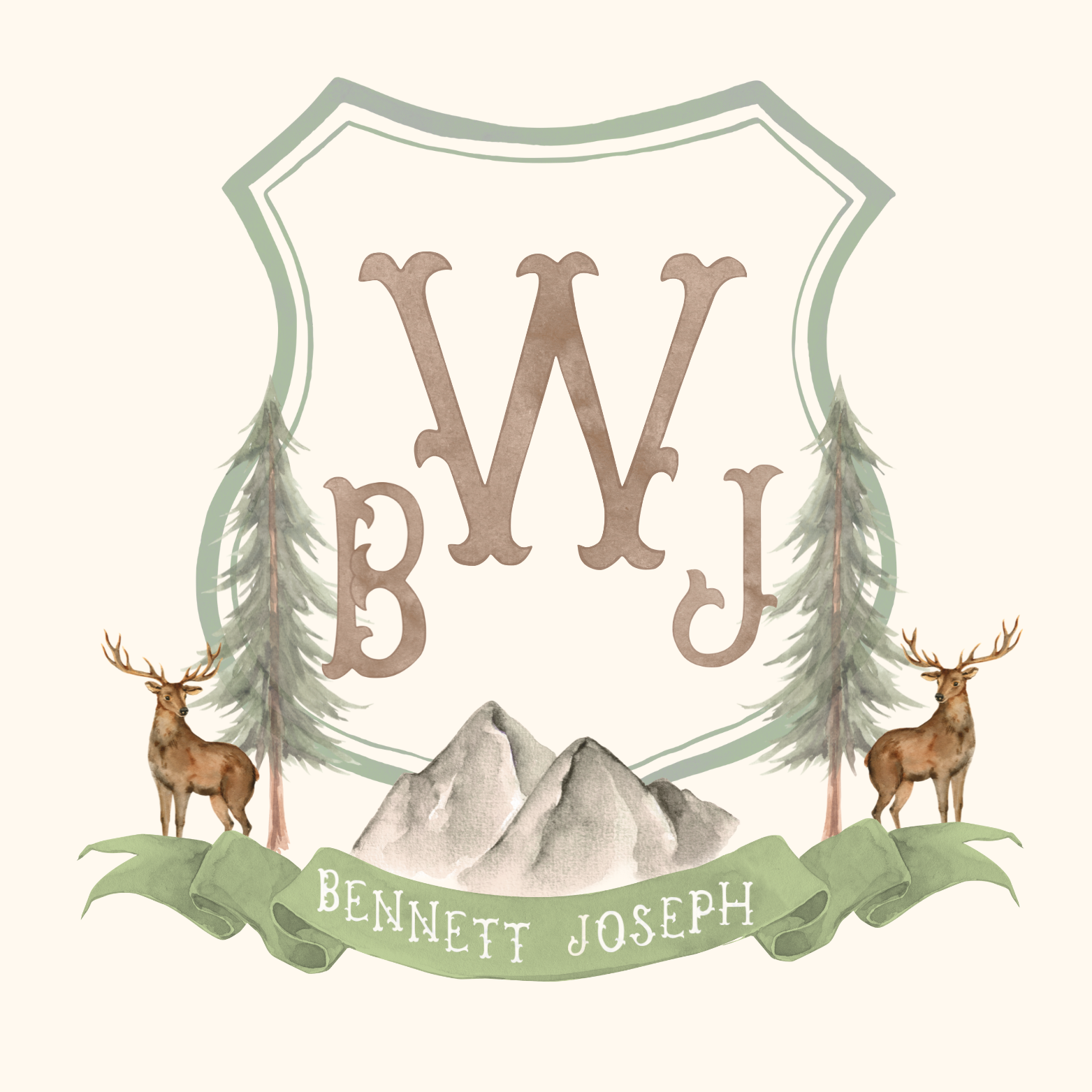 A rustic wedding banner design with deer silhouettes, pine trees, mountains and monogram elements in sage green and brown tones.