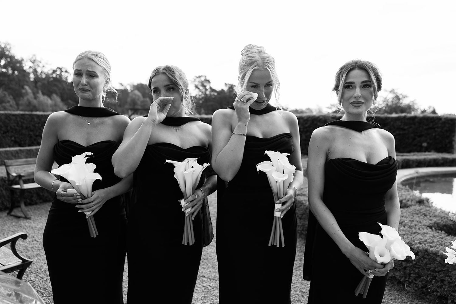 A black and white collage strip showing candid wedding moments and outdoor celebration scenes.