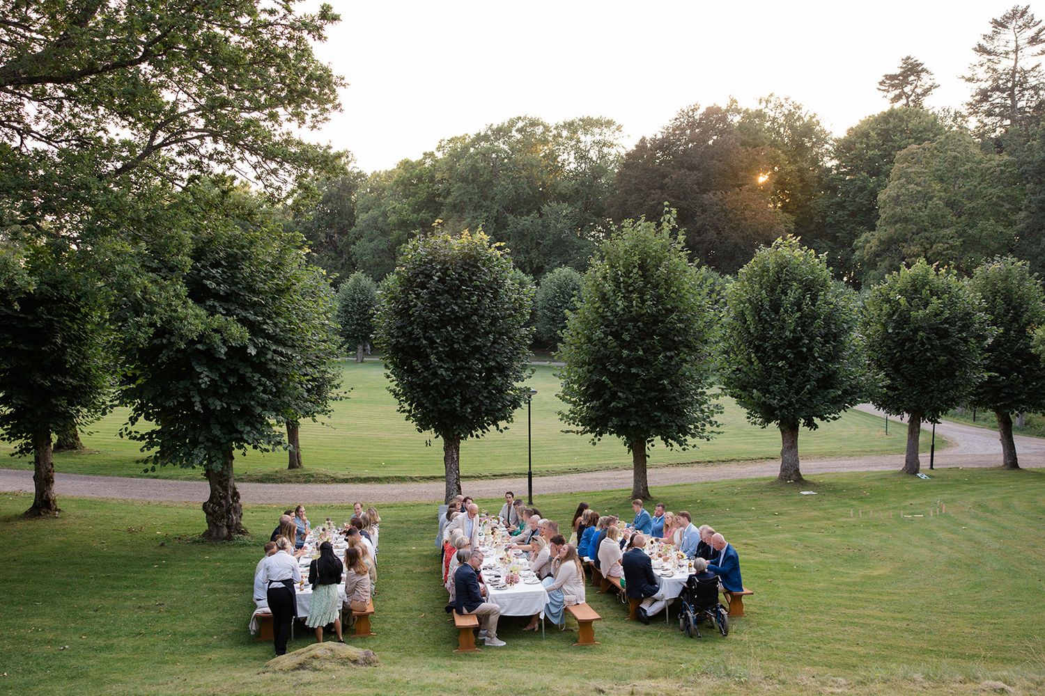 People gather for an outdoor dinner party at long tables beneath a row of manicured trees at sunset in a peaceful park setting.