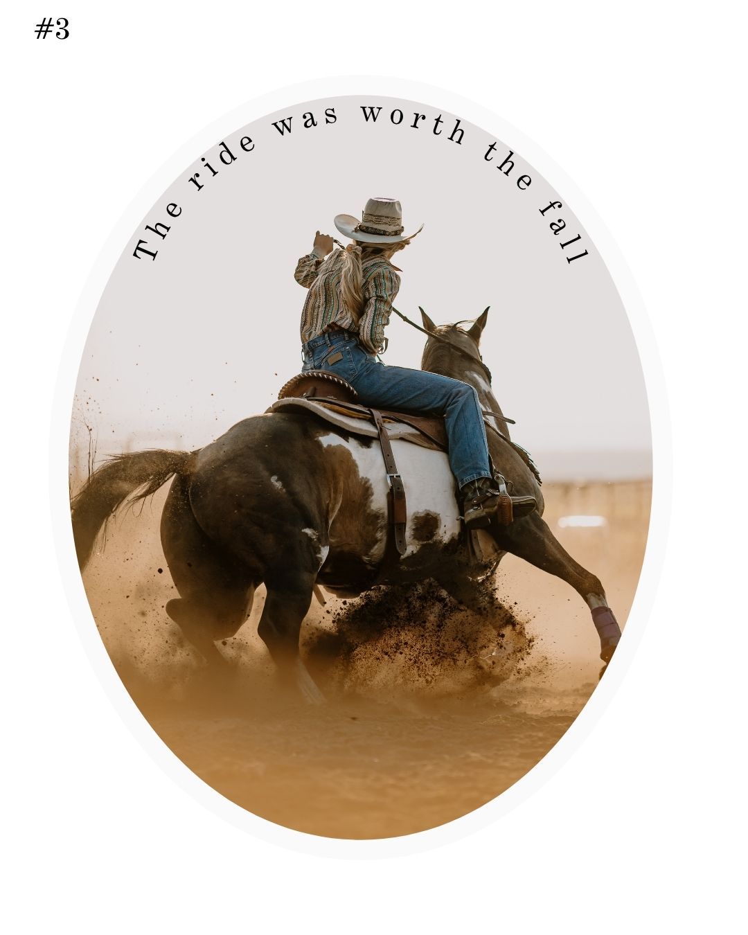 A sequence of sepia-toned circular rodeo photos showing a rider on a bucking horse kicking up dust in the arena.