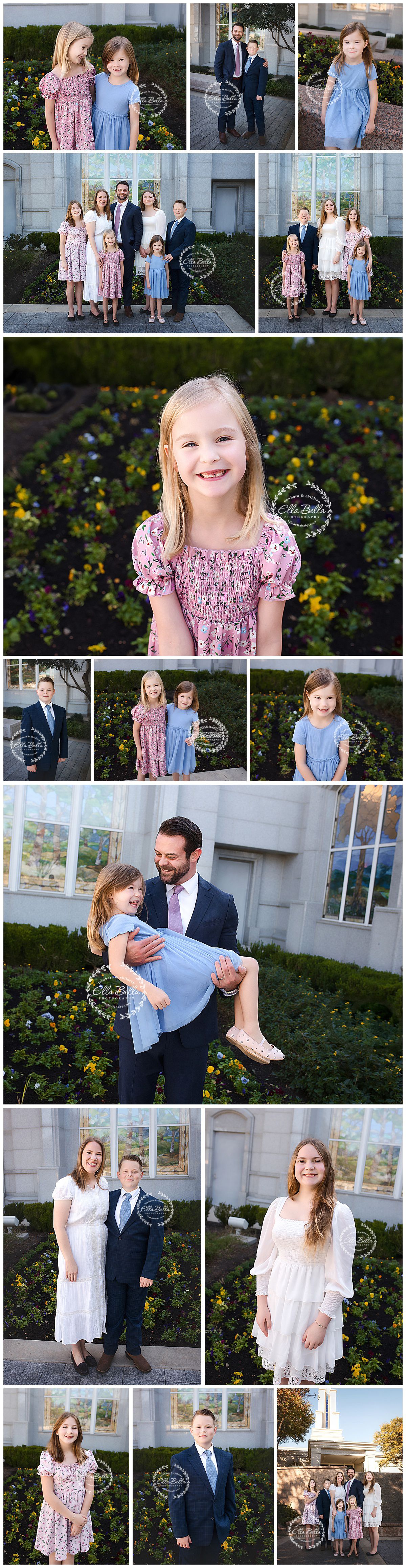 A family portrait session outside a building with white columns and garden featuring coordinated blue and pink outfits.