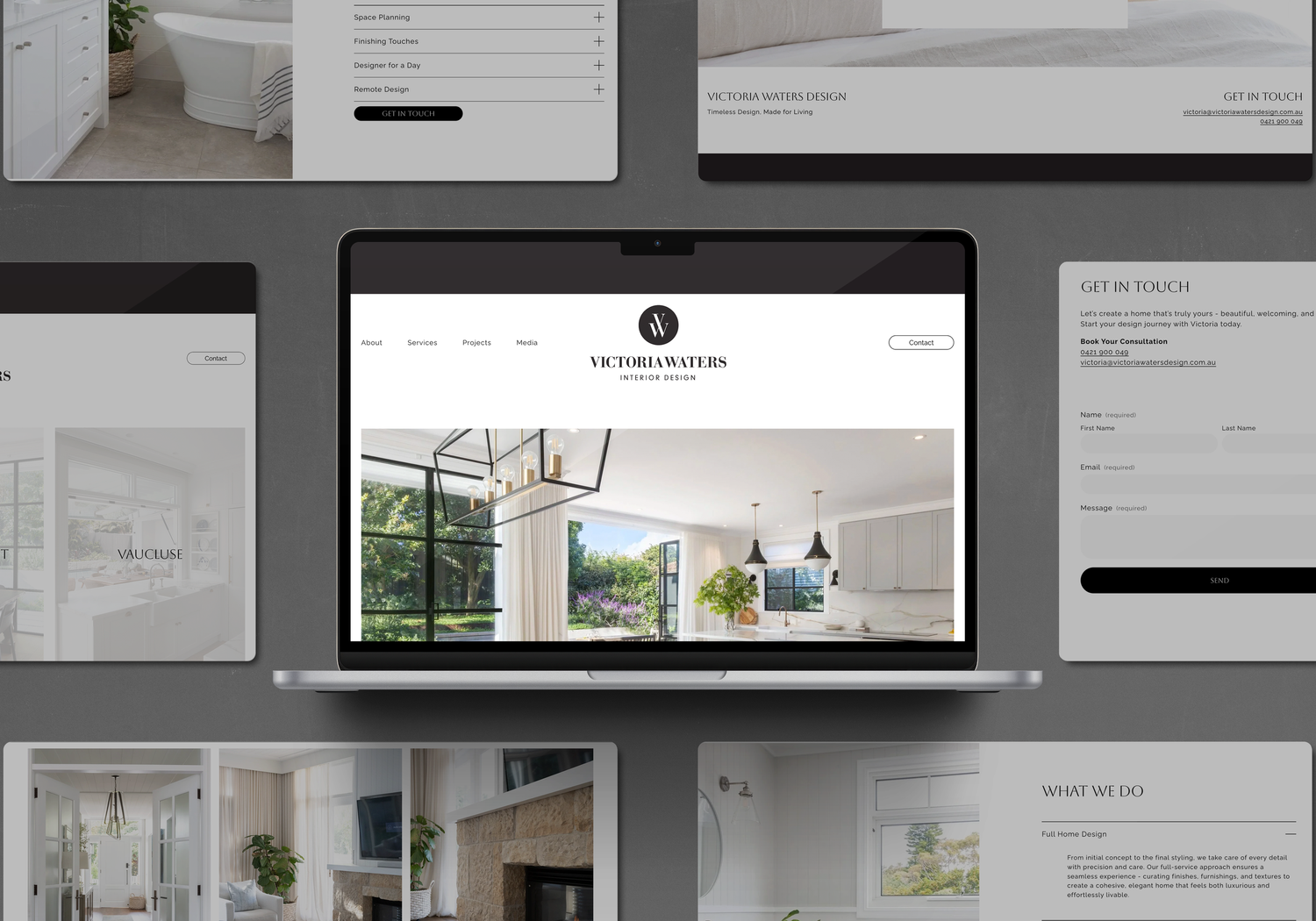 A grid layout of website mockups and design elements showing modern architectural and interior spaces in grayscale tones.