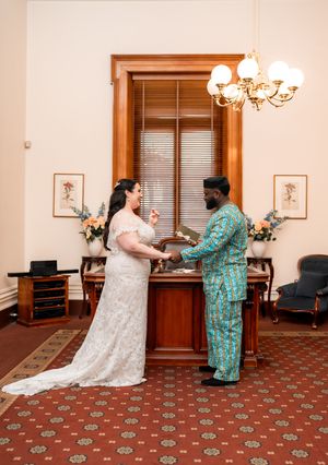 A sequence of photos showing two people in formal attire performing a dance routine in an elegant room with patterned carpet.
