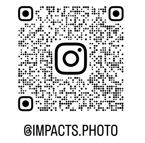 QR code design with Instagram handle @IMPACTS.PHOTO in black and white pattern.