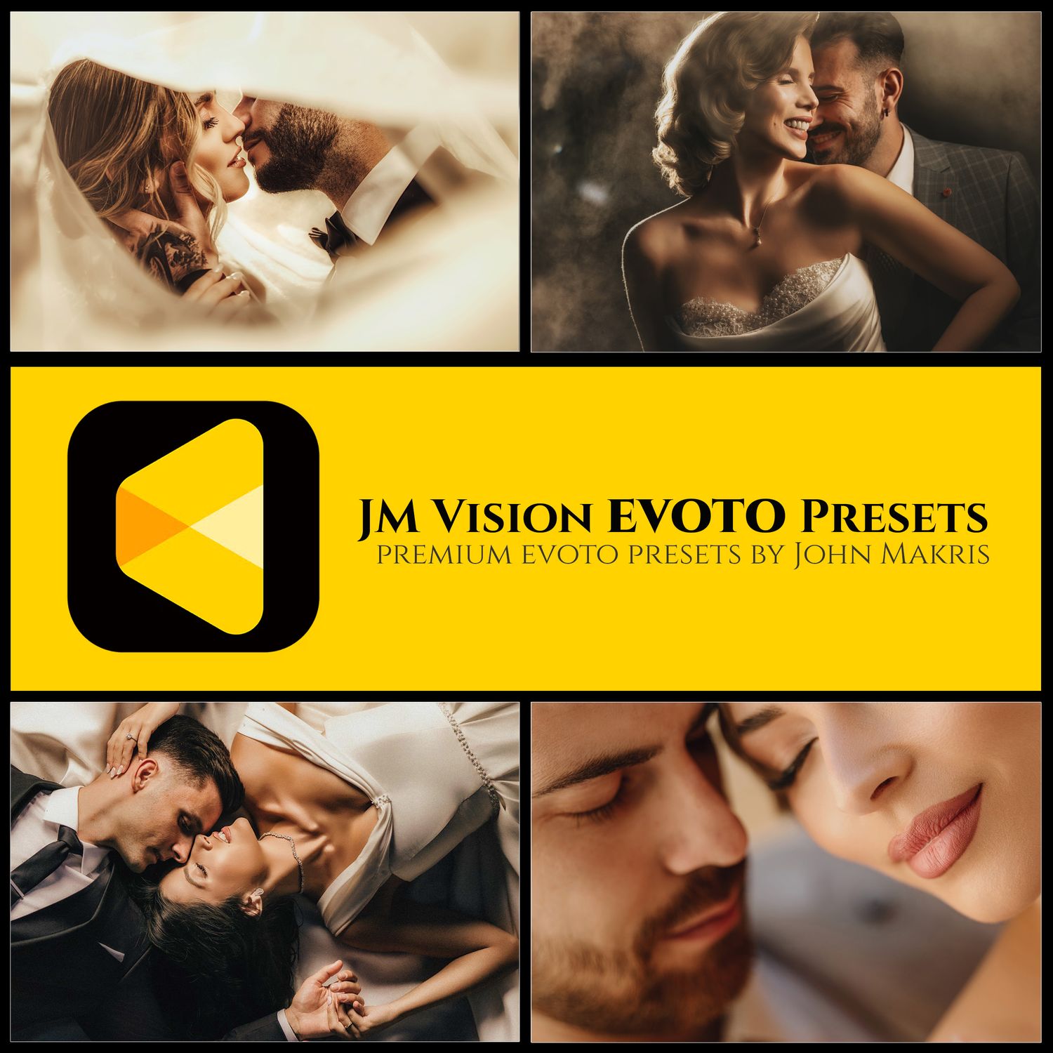 A collection of intimate wedding and engagement photography presets displayed in a promotional banner layout.