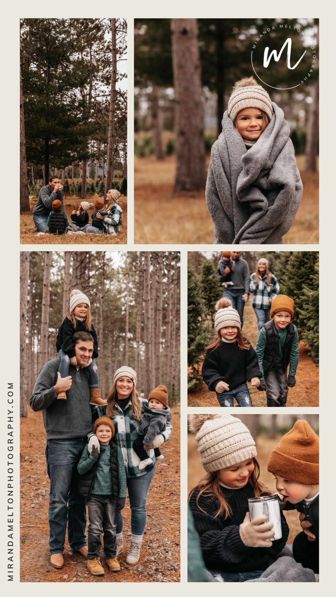 Collection of 5 photos from a winter family photo session highlighting what to bring for winter family pictures.