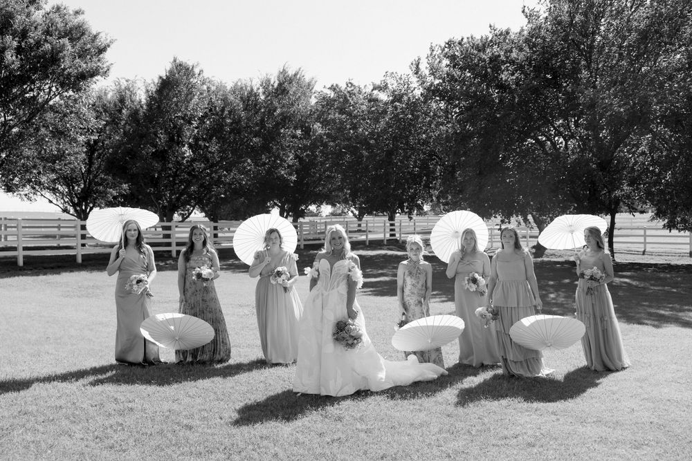 Black and white panoramic shot of wedding party posing outdoors.