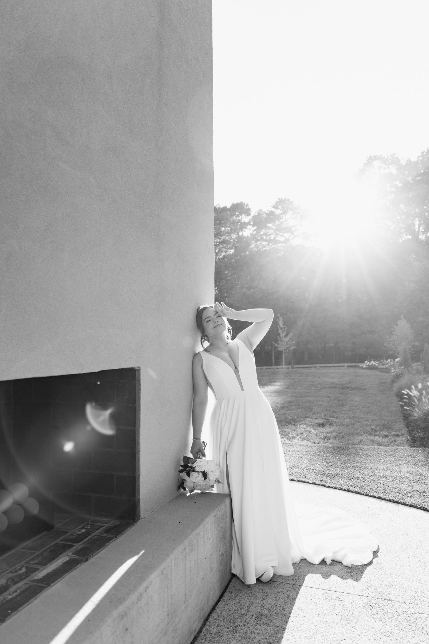 Ethereal bridal portraits in sequence showing interplay of sunlight and white dress against modern architecture.