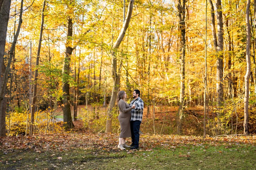 Couple holding hands in autumn forest with golden yellow foliage during maternity photo session.