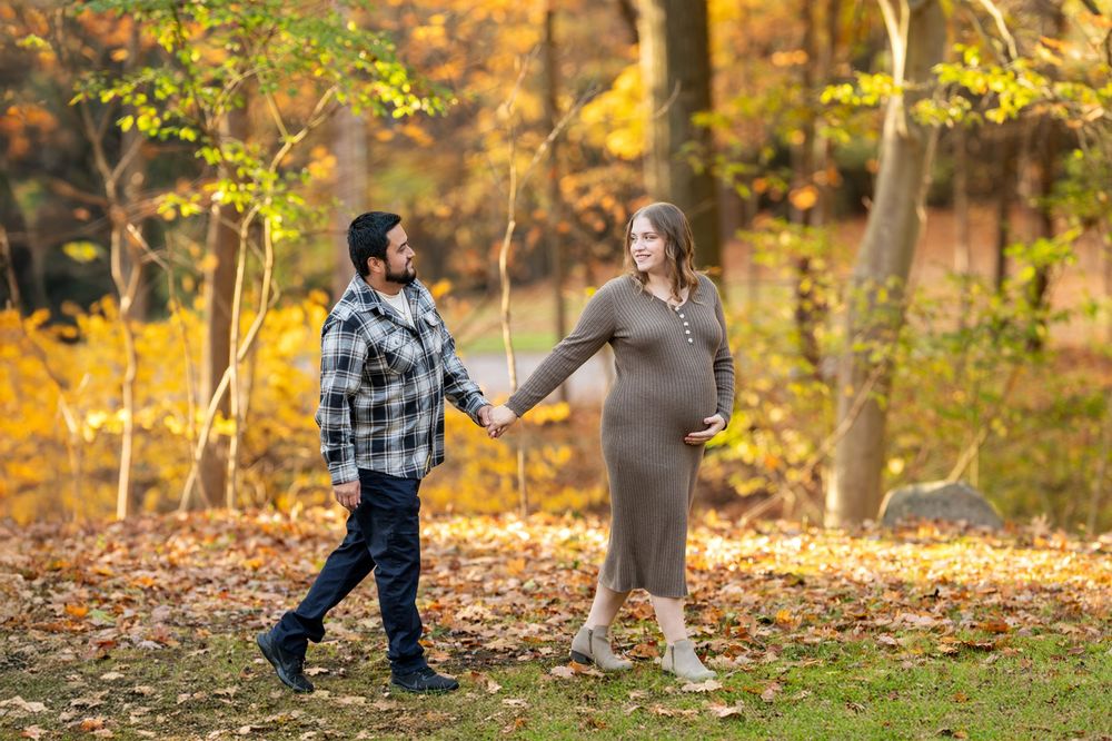 Happy expecting couple strolling hand in hand through golden autumn leaves in a scenic woodland.