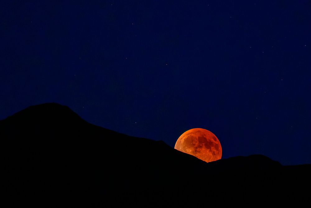A sequence of photos showing the moon transitioning through a total lunar eclipse against a dark night sky.