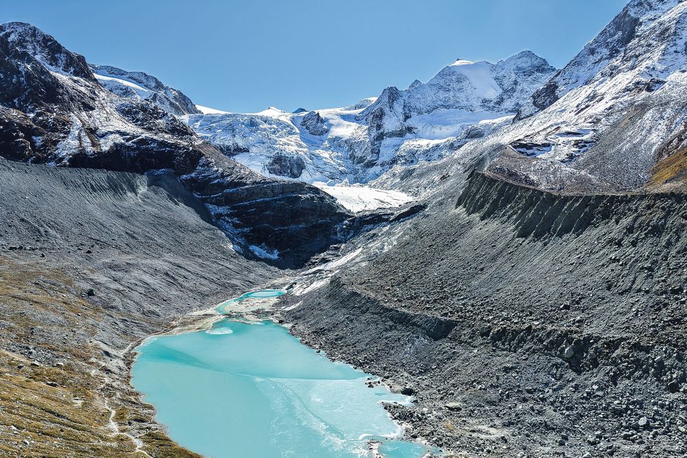 Turquoise glacial lake nestled between rocky moraines and snow-capped mountain peaks under a clear blue sky.